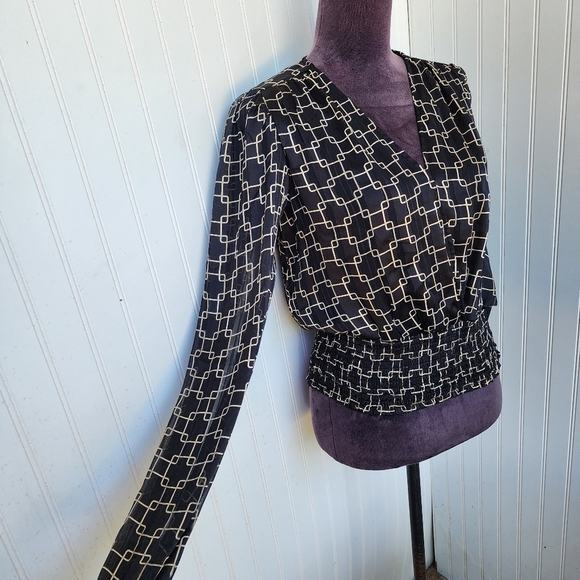 NWT Haver London Top Womens Black Beige Gold Flowy Puff Sleeve Smocked Waist S - Picture 5 of 15